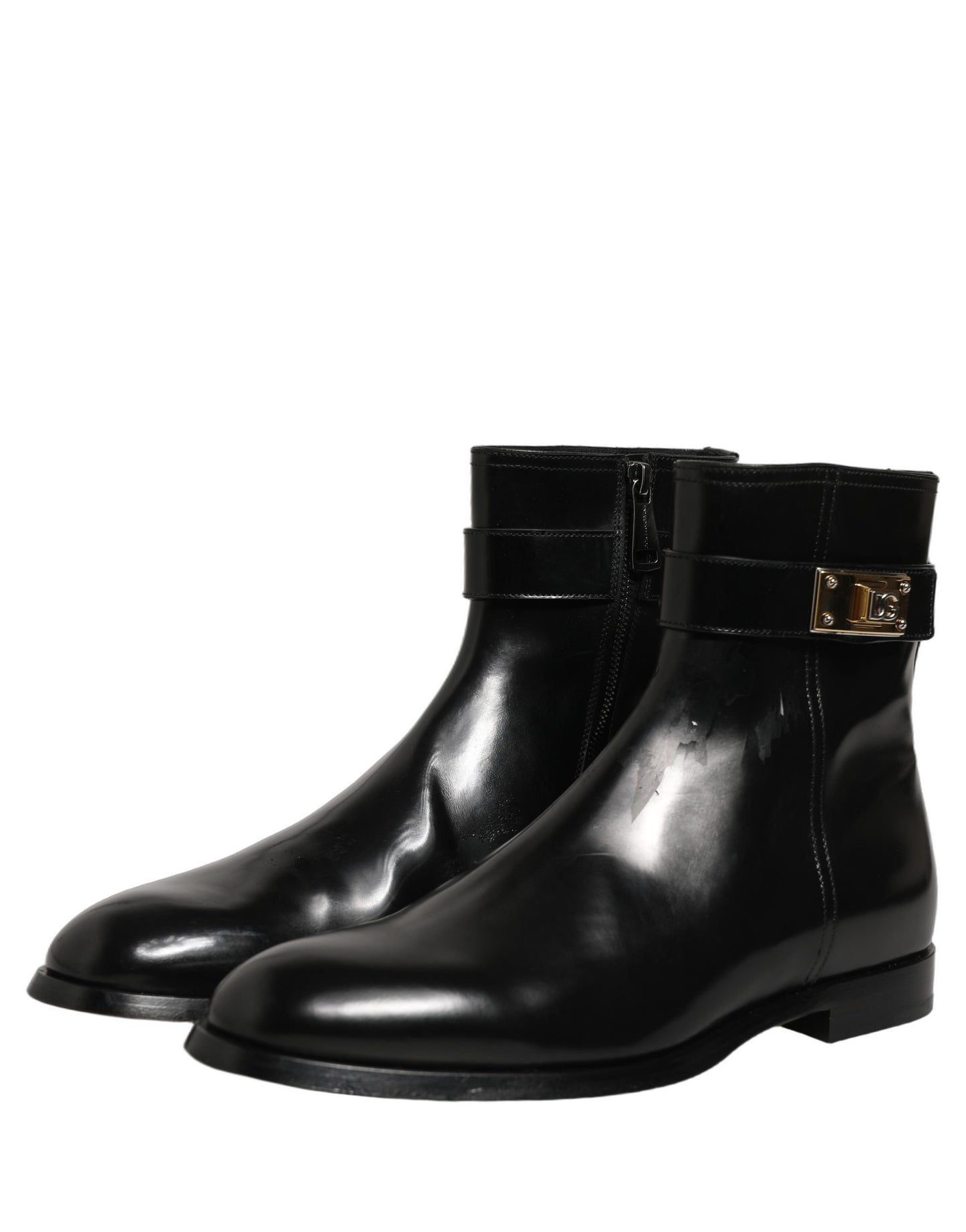 Black Leather Logo Buckle Mid Calf Boots Shoes