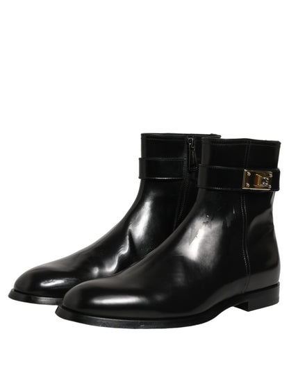 Black Leather Logo Buckle Mid Calf Boots Shoes
