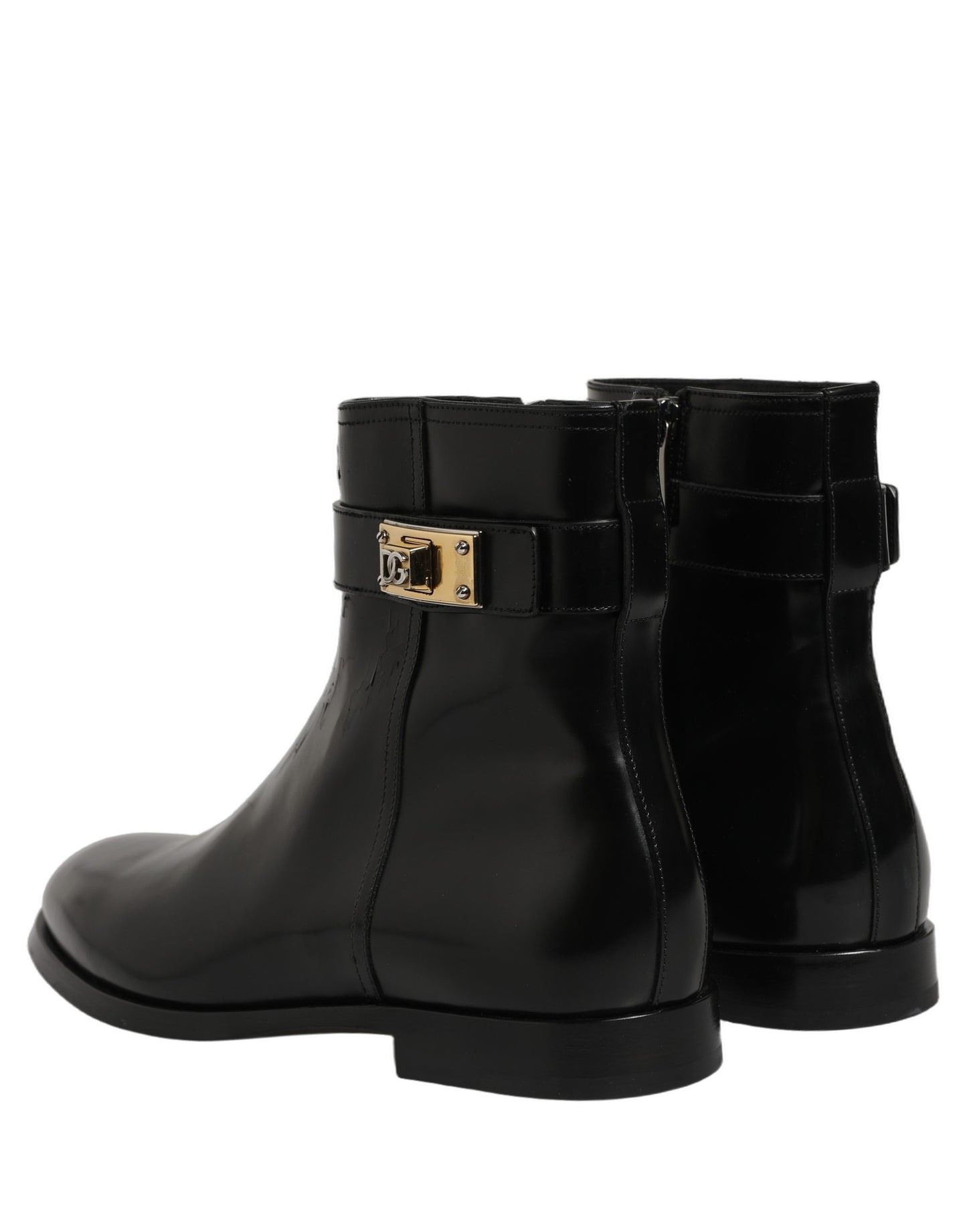 Black Leather Logo Buckle Mid Calf Boots Shoes