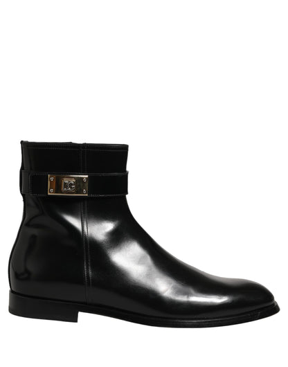 Black Leather Logo Buckle Mid Calf Boots Shoes