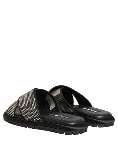 Black Strass Criss Cross Slide Sandals Shoes