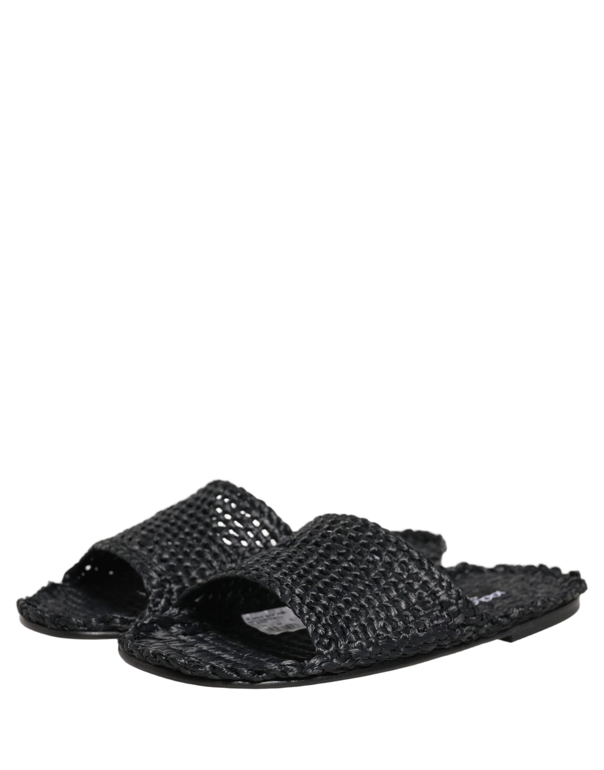 Black Straw Raffia Slides Sandals Flats Shoes