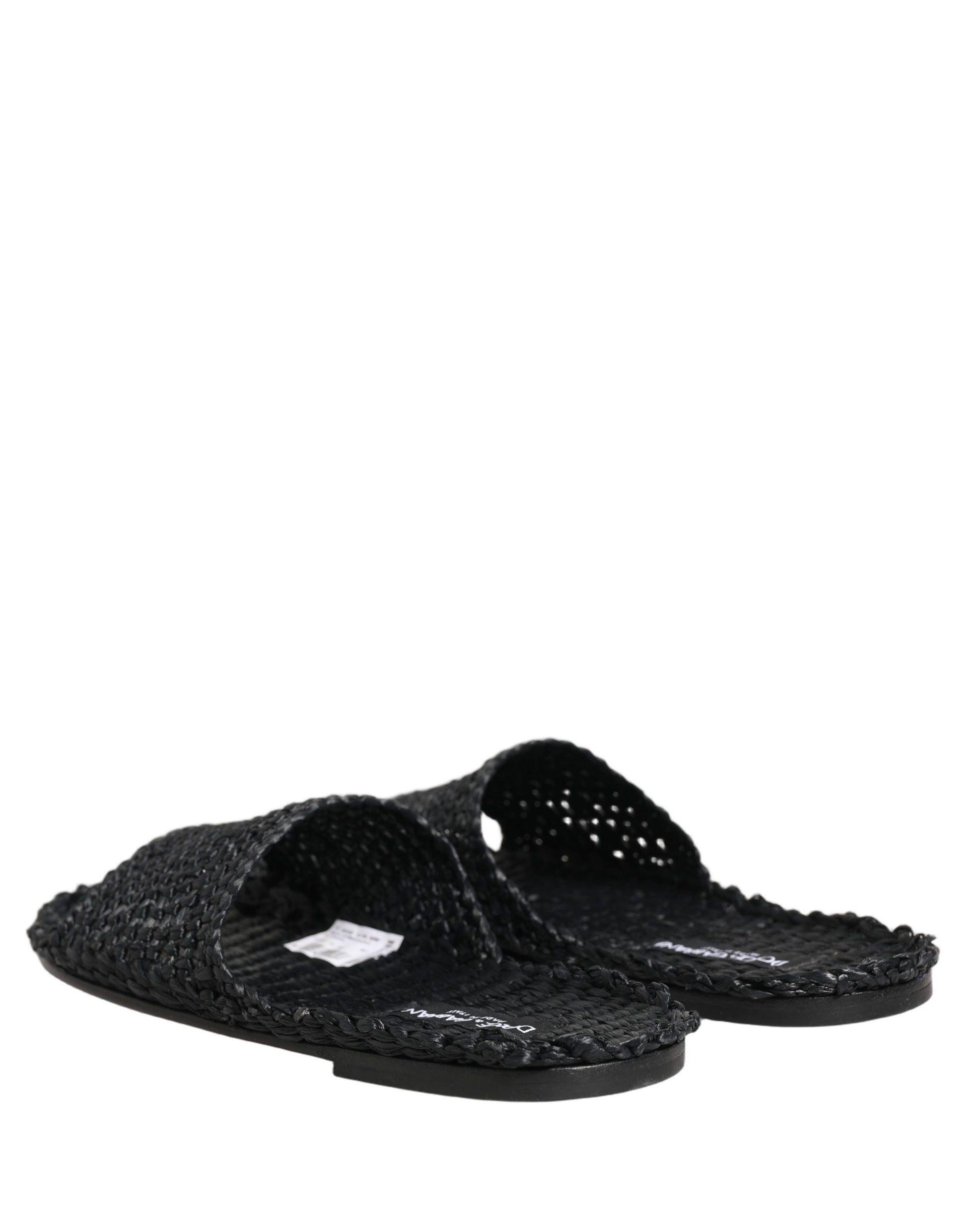 Black Straw Raffia Slides Sandals Flats Shoes