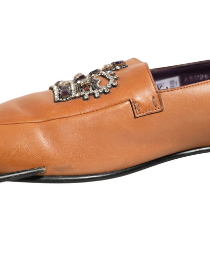 Brown Leather Crown Embellished Loafers Shoes