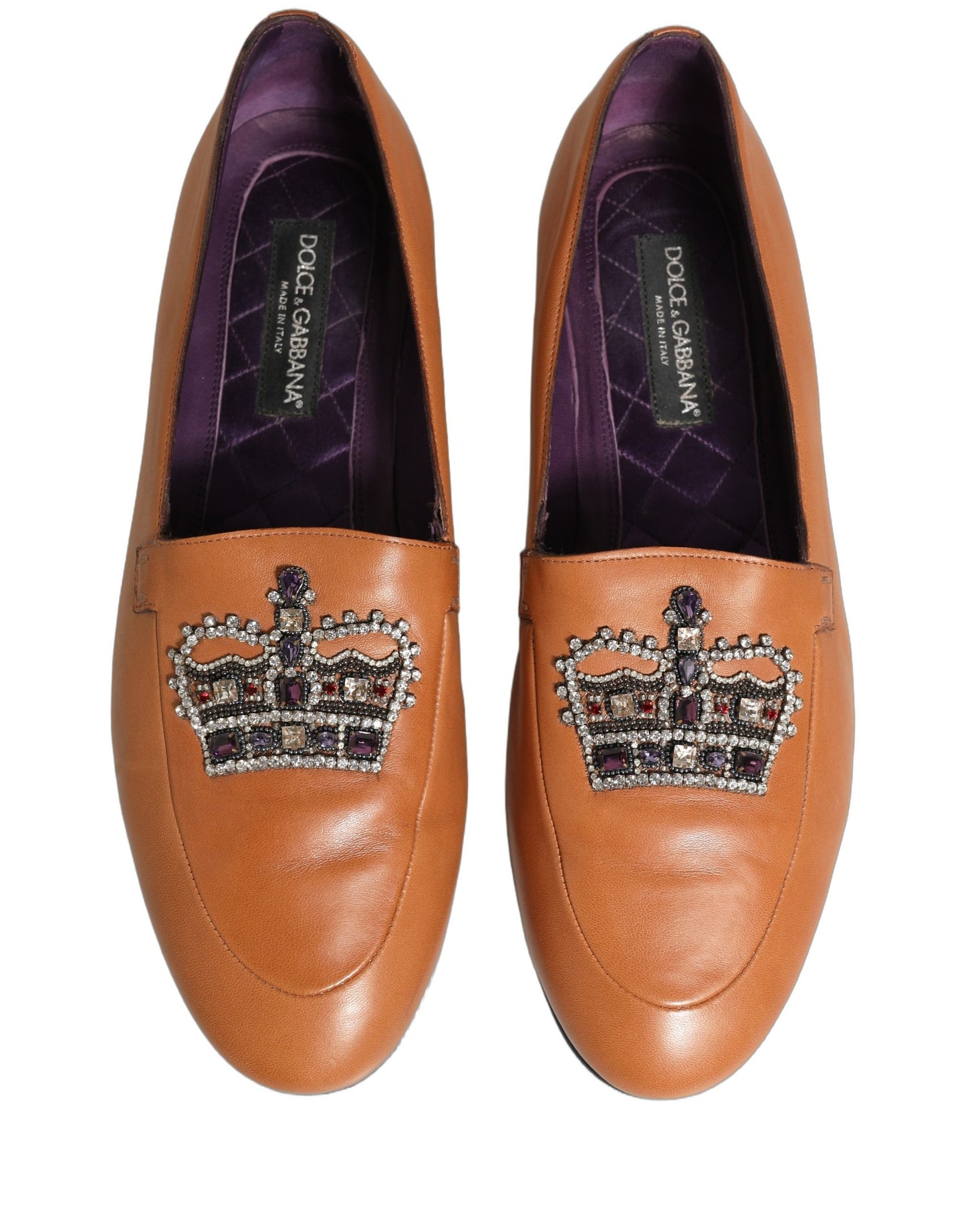 Brown Leather Crown Embellished Loafers Shoes