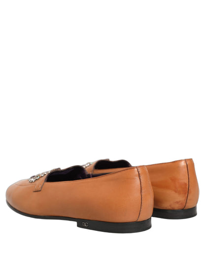 Brown Leather Crown Embellished Loafers Shoes