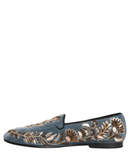 Blue Velvet Embellished Dress Loafers Shoes