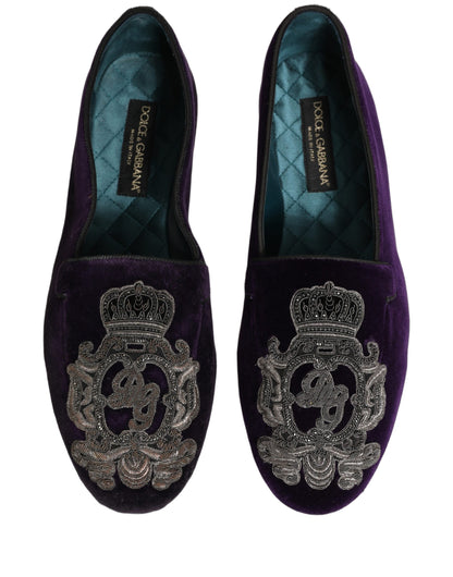 Purple Velvet Crown Embroidery Loafers Shoes