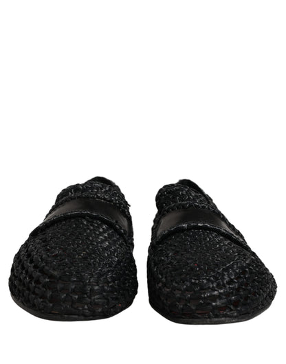 Black Woven Leather Slip On Loafers Men Shoes