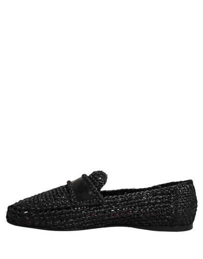 Black Woven Leather Slip On Loafers Men Shoes