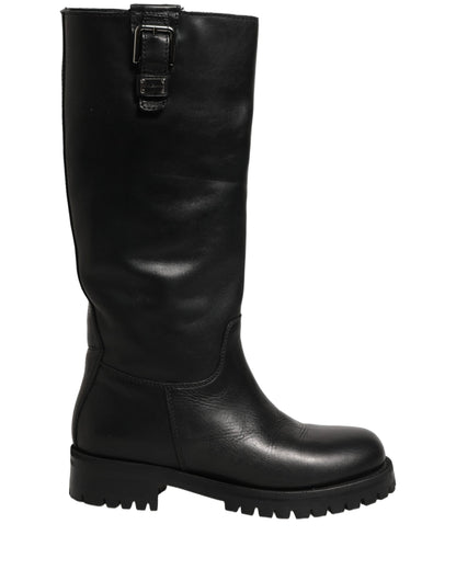 Black Leather Buckle Detail Mid Calf Boots Shoes