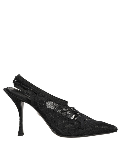 Black Lace Pointed Toe Slingback Pumps Shoes