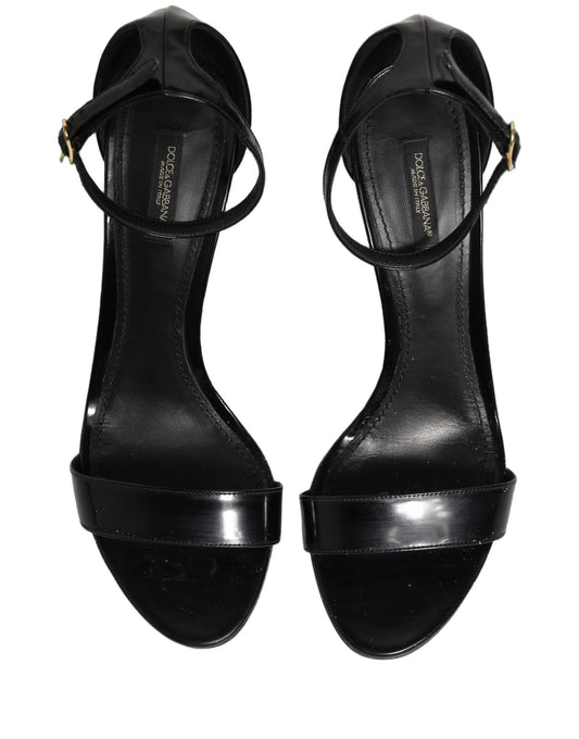 Black Leather Ankle Strap Heels Sandals Shoes