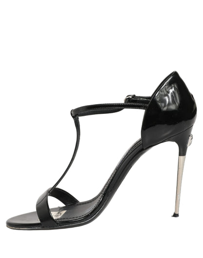 Black Leather T-strap Heels Sandals Shoes