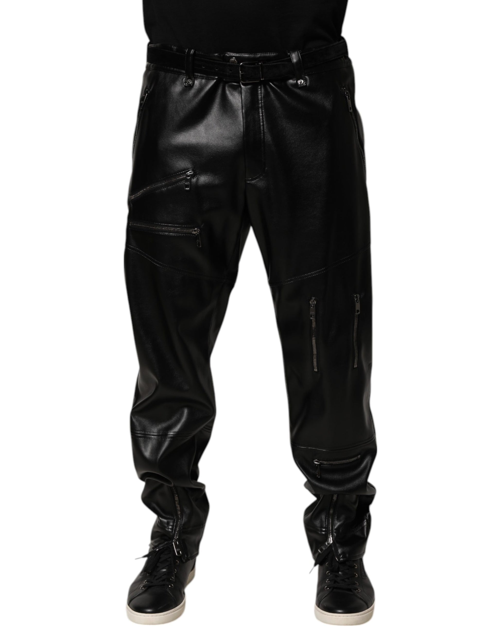 Black PU Leather Zipper Men Trouser Pants