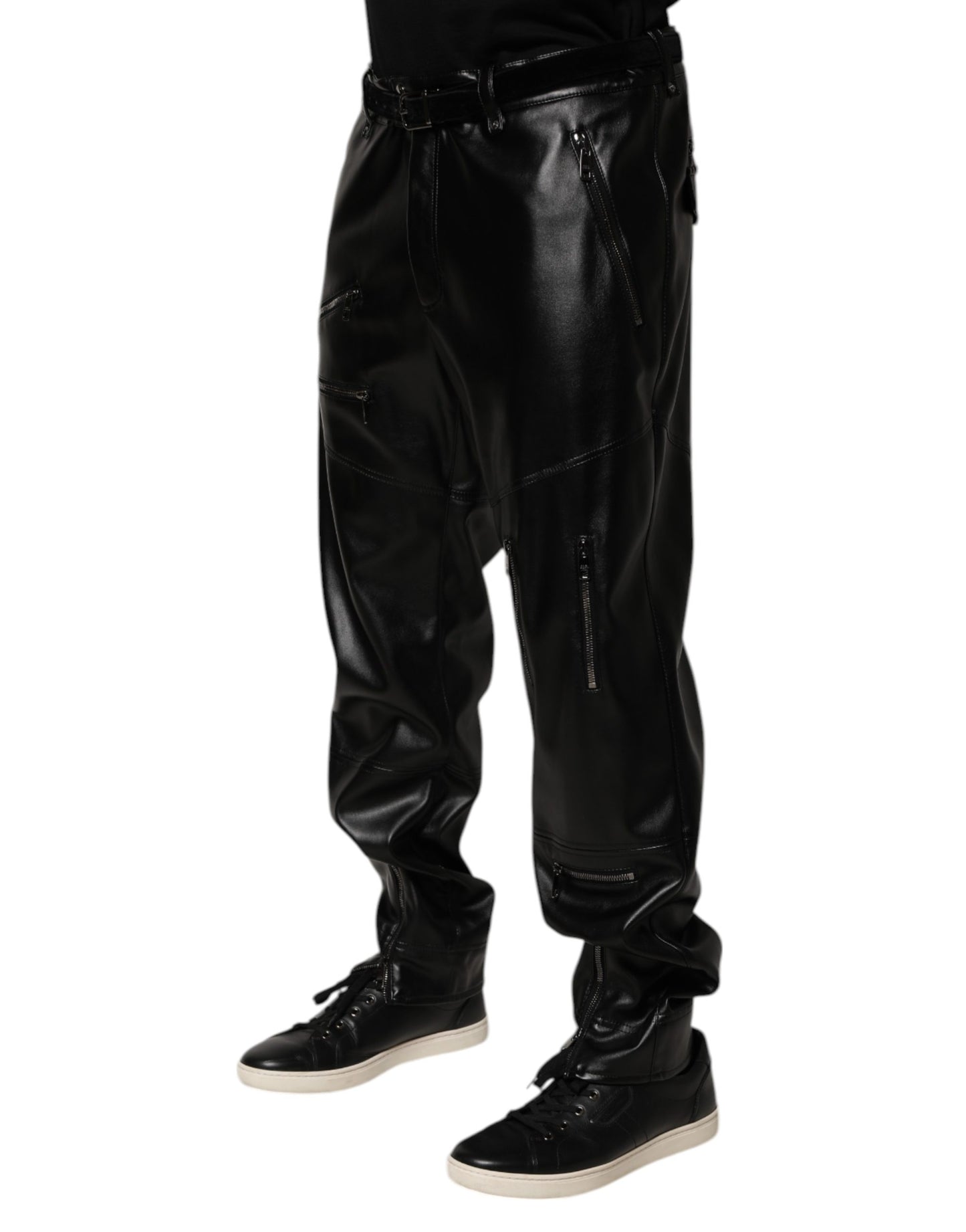 Black PU Leather Zipper Men Trouser Pants