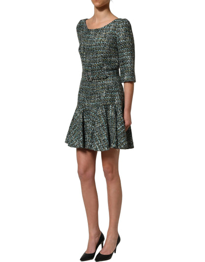 Multicolor Tweed Belted Babydoll Mini Dress