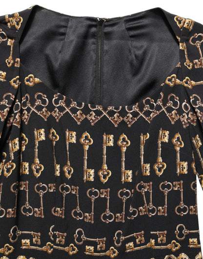 Black Key Print Long Sleeves Sheath Midi Dress