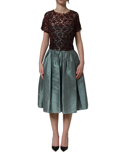 Multicolor Floral Lace Taffeta Pleated Midi Dress