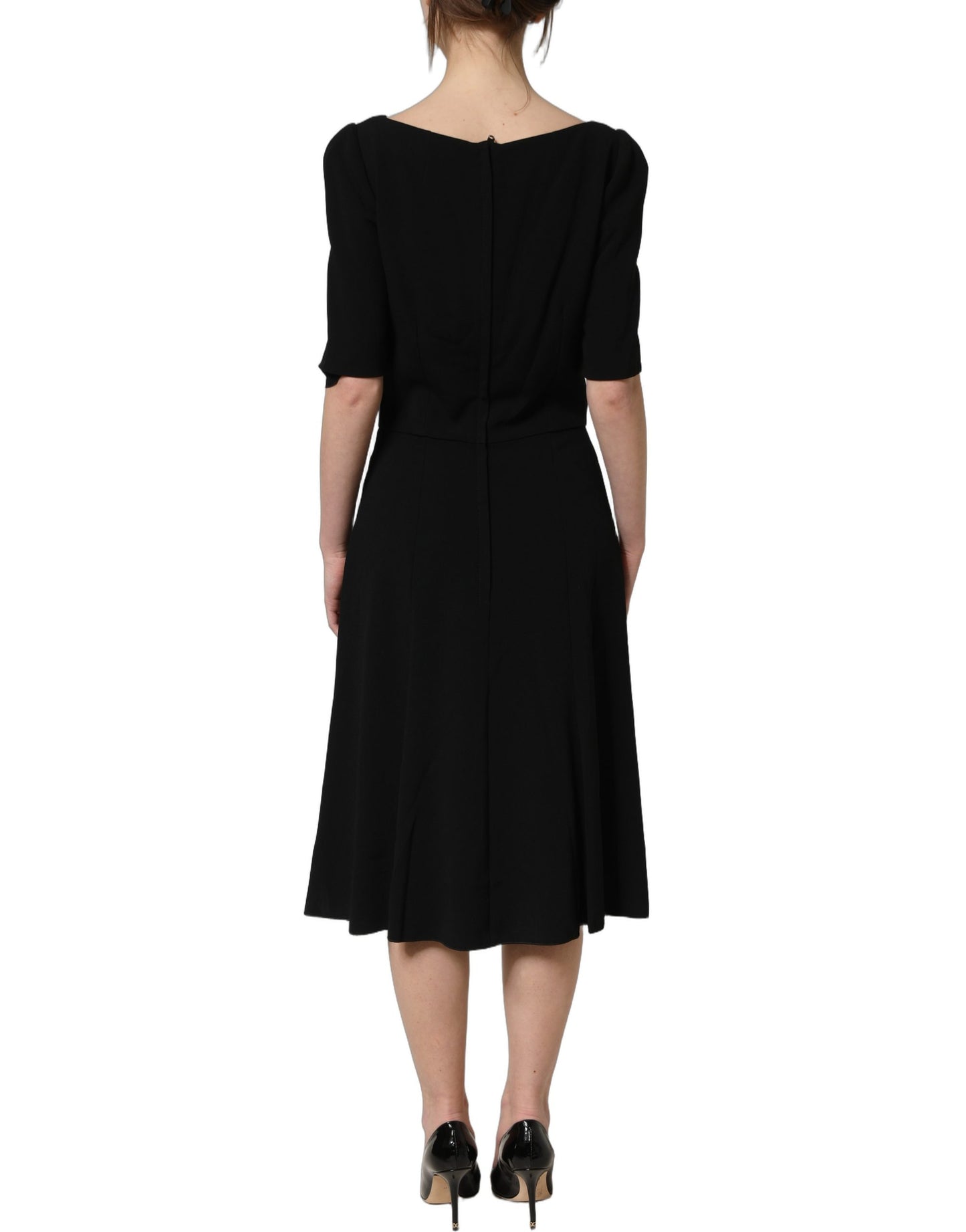 Black Viscose Short Sleeve A-line Midi Dress