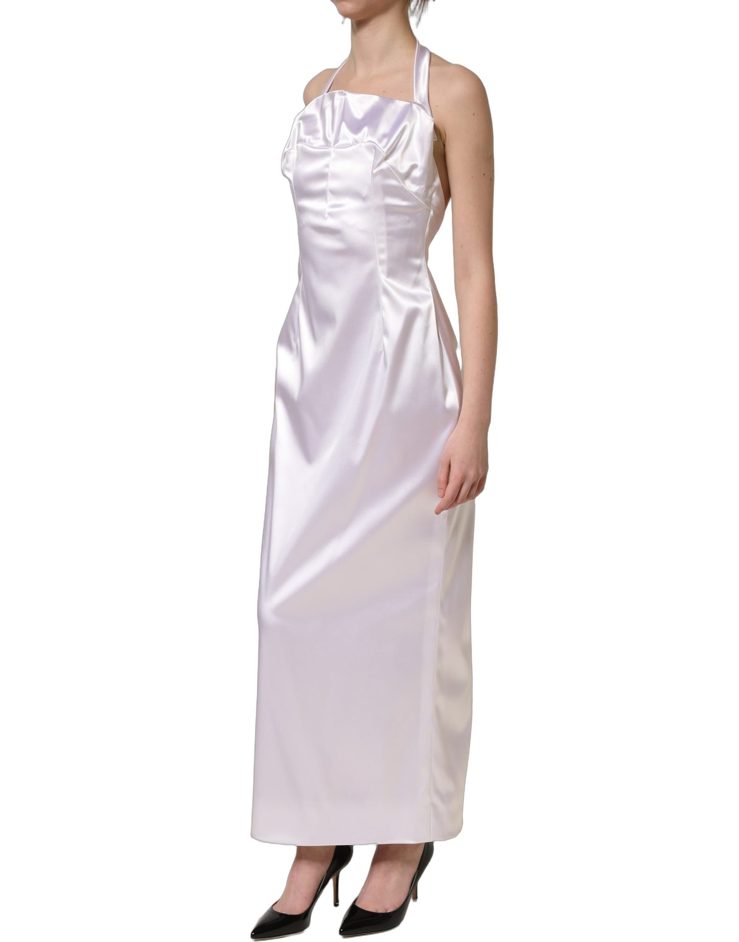 White Satin Halter Backless Long Gown Dress