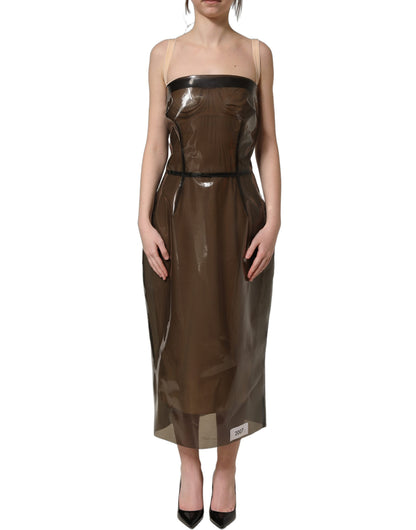 Brown Transparent Vinyl Sheath Midi Dress