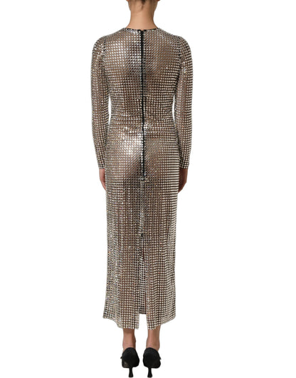 Beige Crystal Embellished Long Gown Dress