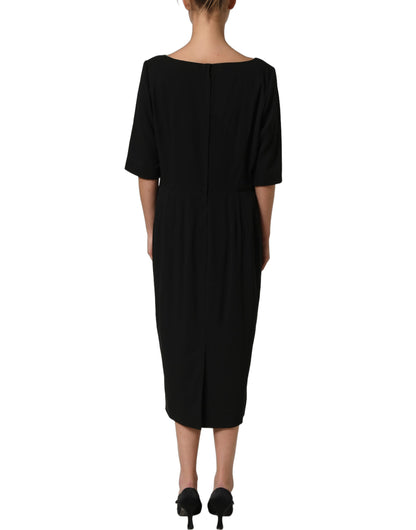 Black Viscose Cropped Sleeves Midi Dress
