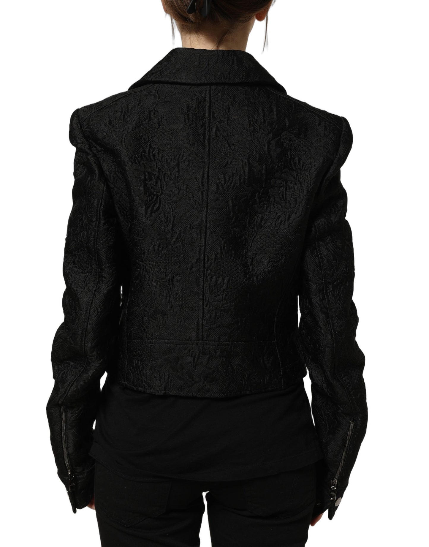 Black Floral Brocade Biker Blouson Jacket
