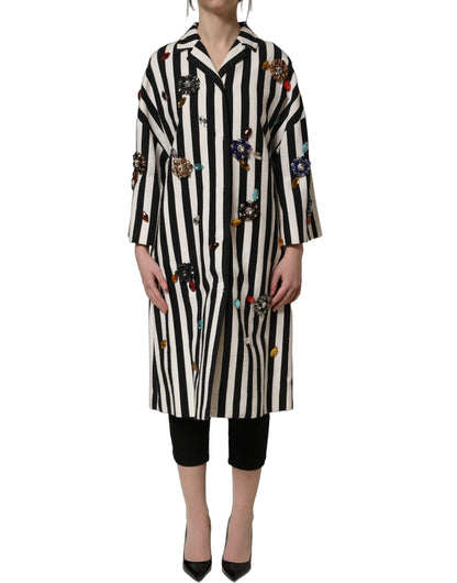 Black White Striped Embellished Coat Jacket