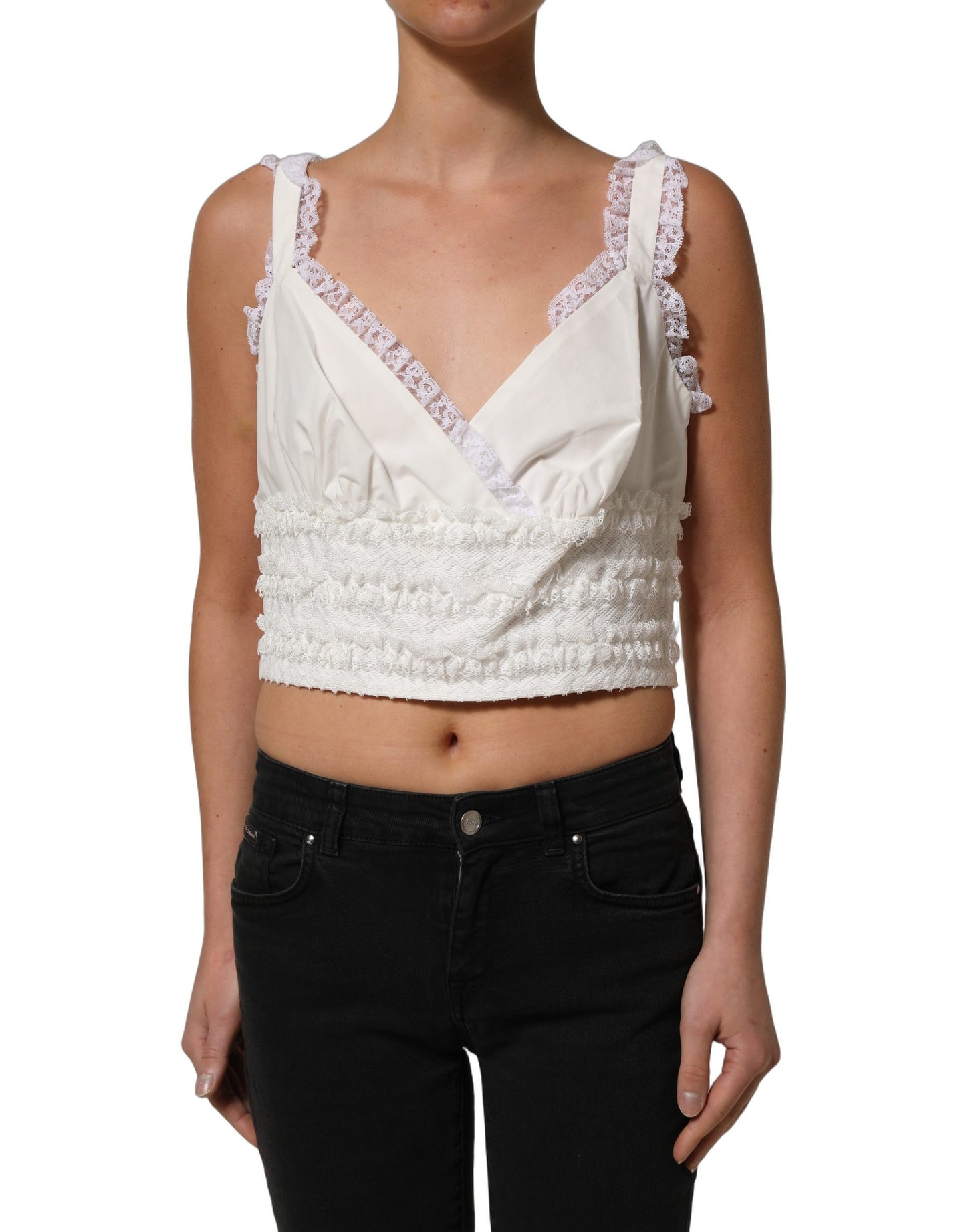 White Lace Trimmed Cotton Cropped Tank Top