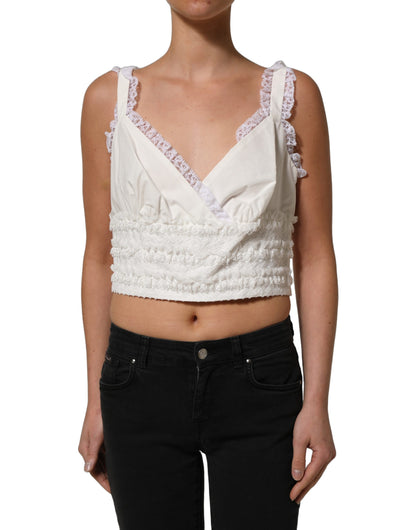 White Lace Trimmed Cotton Cropped Tank Top