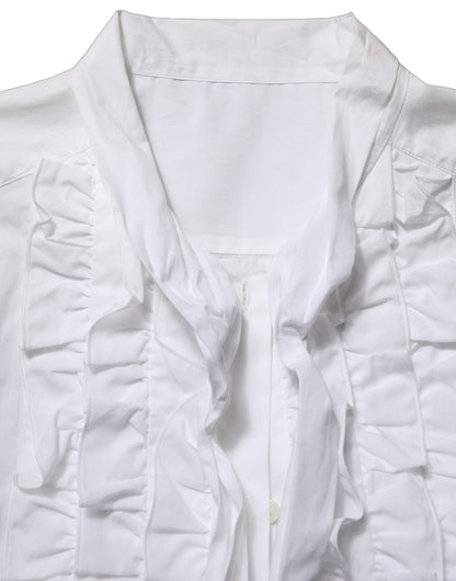 White Ruffled Bib Long Sleeves Blouse Top