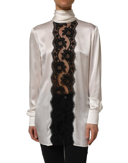 White satin Lace Trim LOng Sleeves Blouse Top