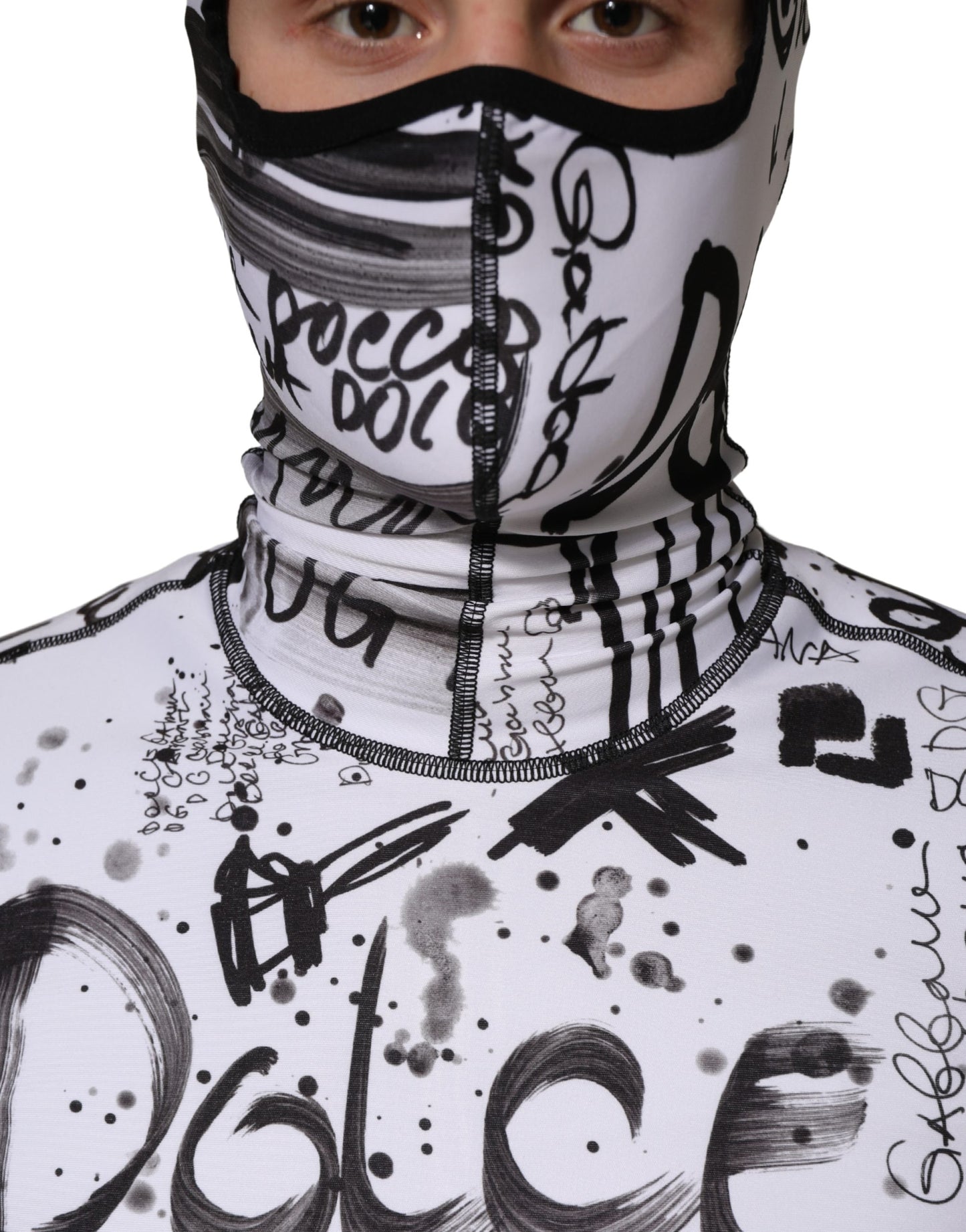 White Jersey Graffiti Print Balaclava Hood Sweater