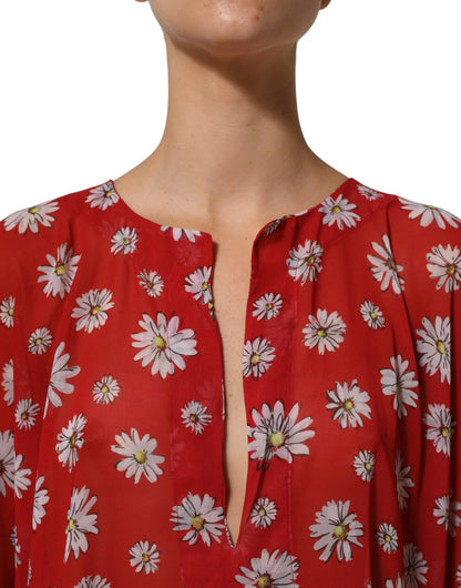 Red Floral V-neck Polyester Kaftan Blouse Top