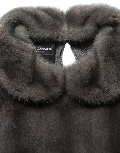 Dark Gray Mink Fur Round Collar Blouse Top