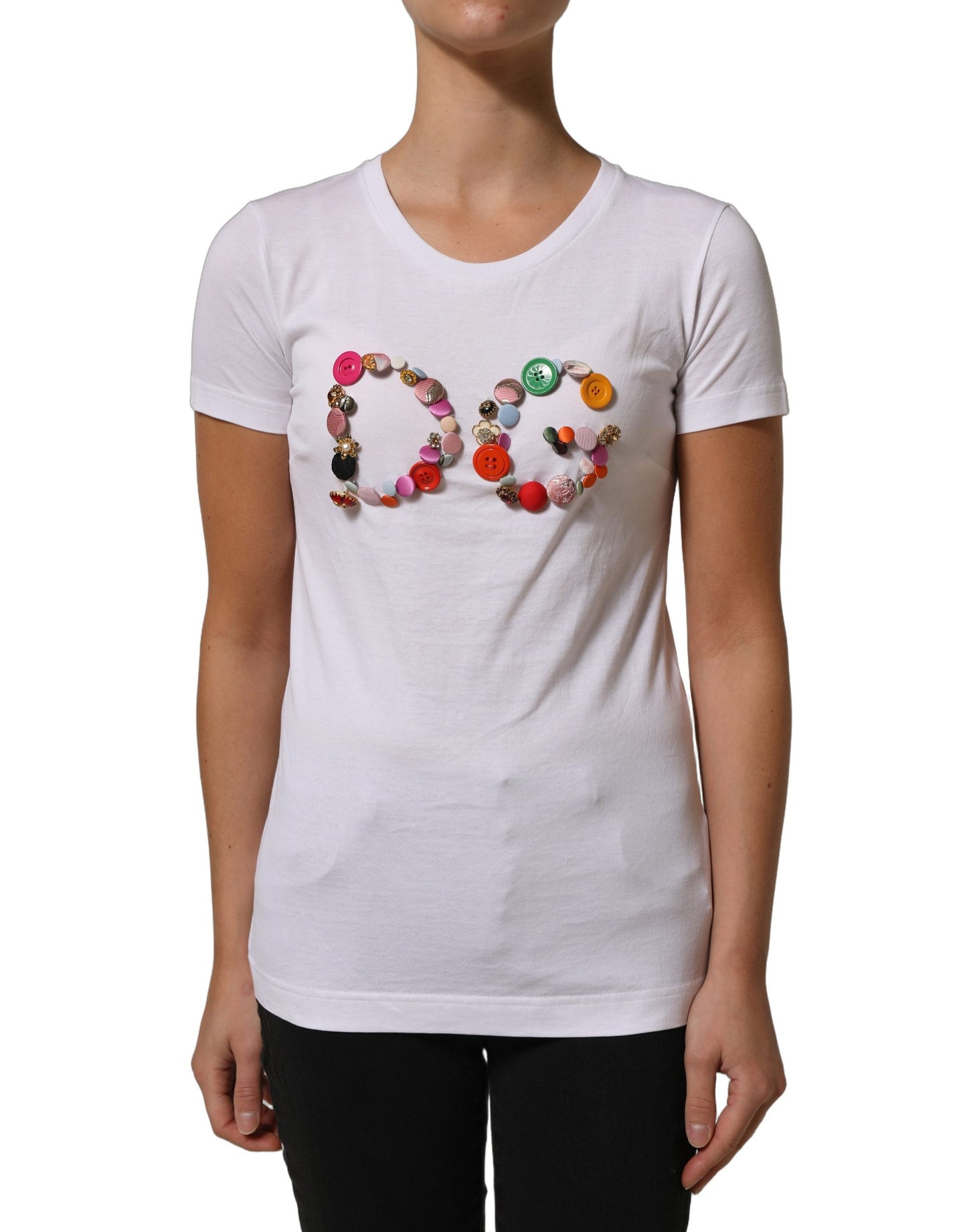 White DG Logo Embellished Round Neck T-shirt