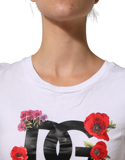 White Floral Logo Cotton Round Neck T-shirt