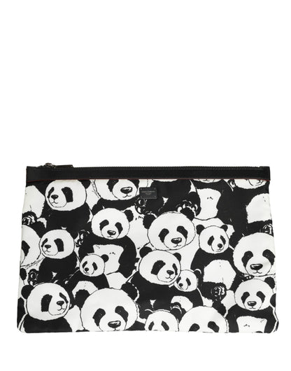 Black White Panda Print Nylon Clutch Men Pouch Borse Bag