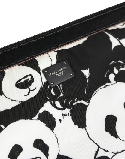 Black White Panda Print Nylon Clutch Men Pouch Borse Bag