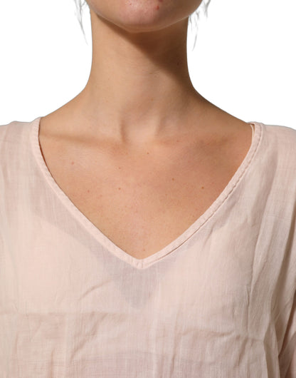 Light Pink Linen V-Neck Long Sleeves Blouse Top