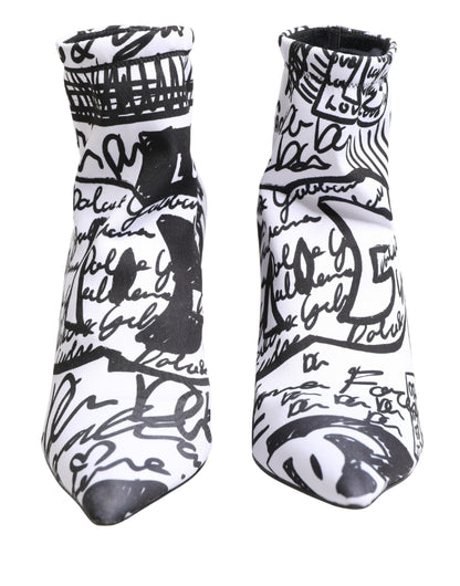 White Graffiti Stretch Ankle Boots Shoes