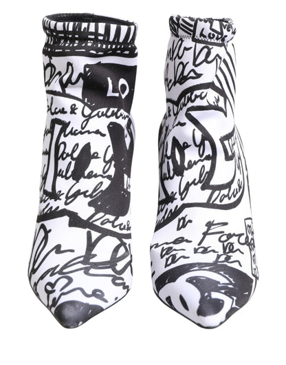 White Graffiti Stretch Ankle Boots Shoes