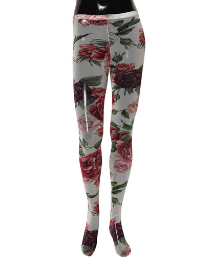White Nylon Floral Print Tights Stockings Socks