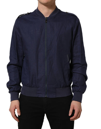 Blue Linen Full Zip Men Bomber Jacket
