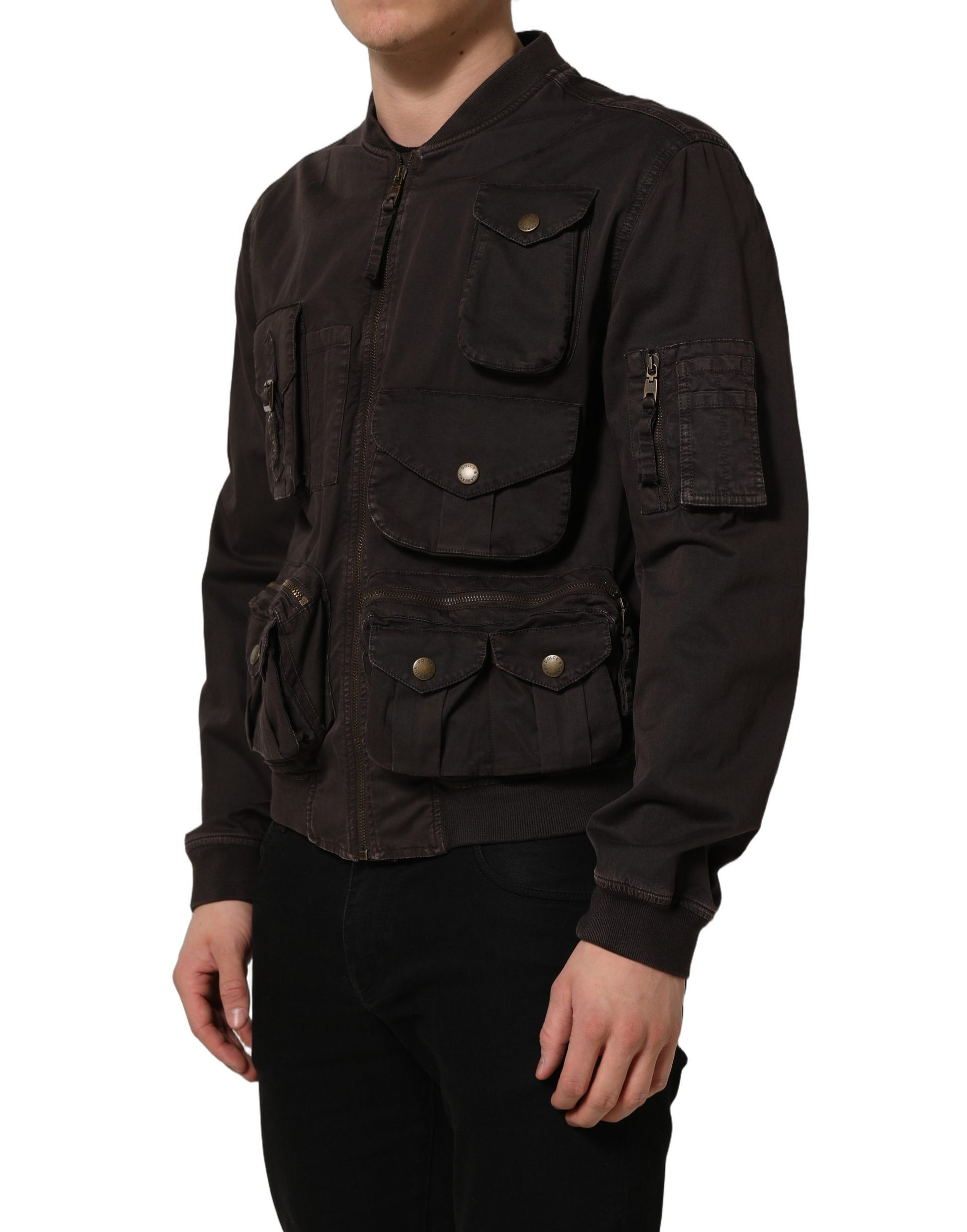 Brown Cotton Full Zip Men Bomber Jacket