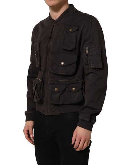 Brown Cotton Full Zip Men Bomber Jacket