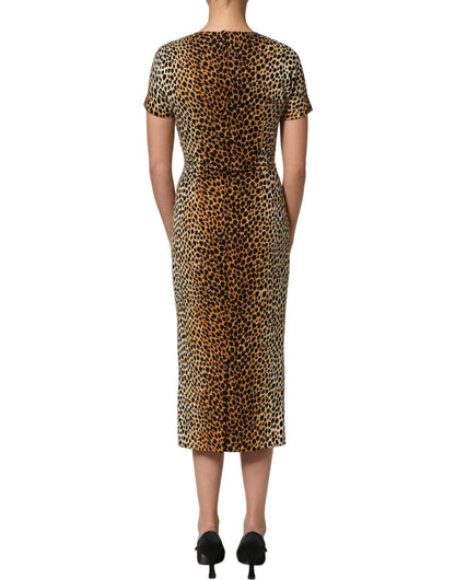 Brown Leopard Print Silk Sheath Midi Dress