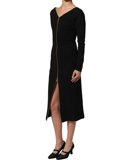 Black Long Sleeves Front Zipper Midi Dress